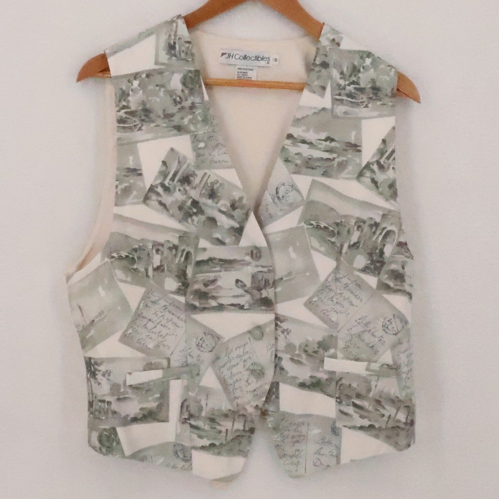 JH Collectibles Vintage 90s Postcard Print Silk Vest Womens Size 12‎ Artsy